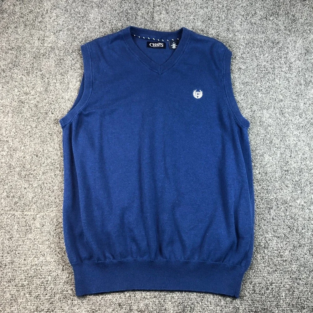 Chaps Mens V Neck‎ Sweater Vest Blue Size M Embroidered Logo Classic Preppy